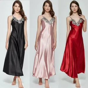 Women's Satin Sleeveless Nightgown – Lace, Deep V Sleepwear
