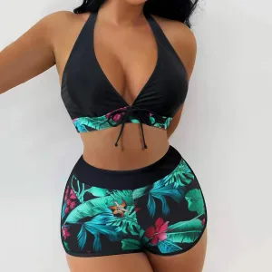Tropical Print Halter Bikini Set - Women's Two-Piece Swimwear
