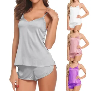 Women’s Ice Silk Pajamas Set - Camisole & Shorts, Comfortable Summer Sleepwear