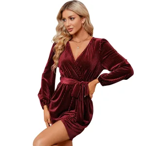 V-Neck Velvet Cocktail Dress - Long Sleeve, Belted, Irregular Hem