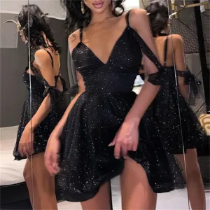 Shiny Off-Shoulder Backless Cocktail Dress - Spaghetti Strap, V-Neck