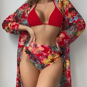 2024 Halter Triangle Bikini with Kimono & High-Waist Bottoms