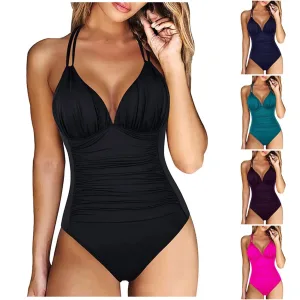 Women's One-Piece Swimsuit - Solid Color with Chest Pad